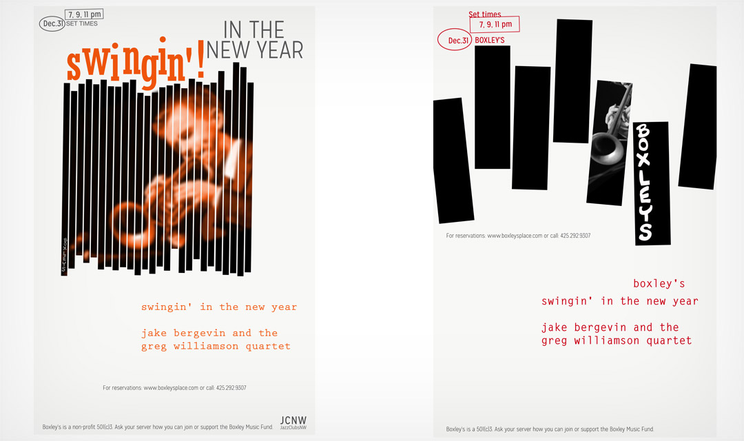 Event posters based on Blue Note's iconic album art.